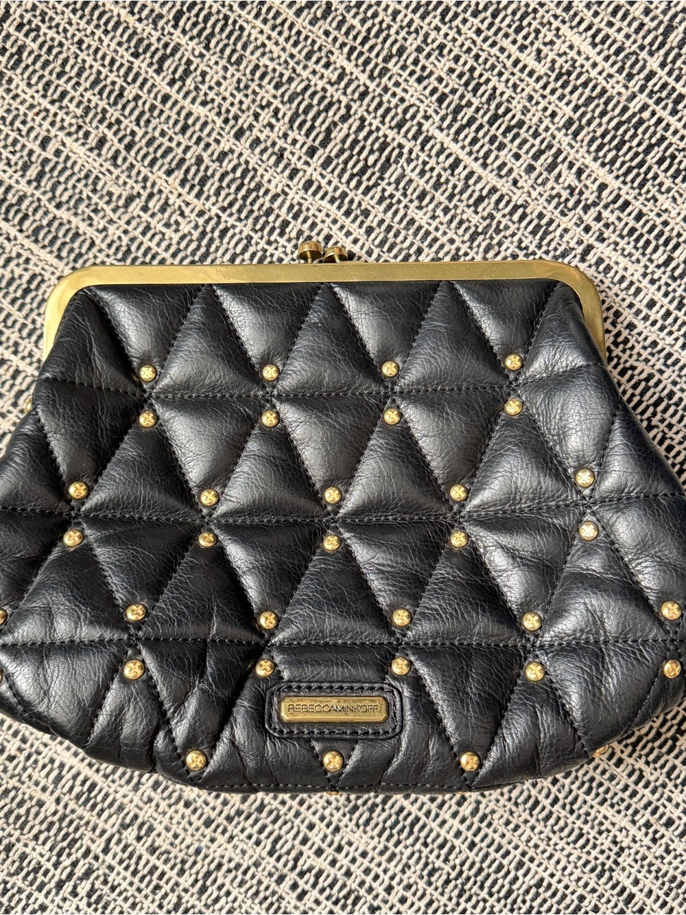 Rebecca Minkoff Black Quilted Studded Frame Clutch with Gold Hardware